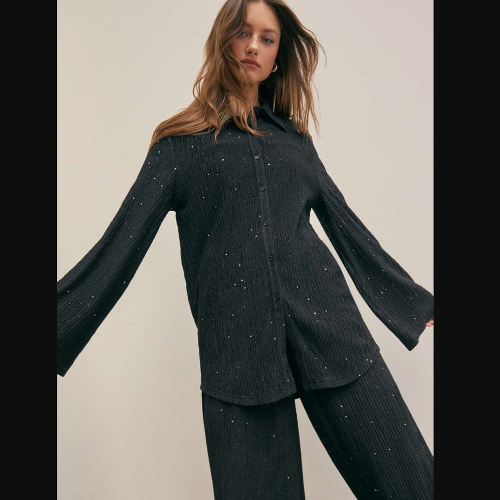 Glitter Collar Button Down Crinkle Blouse Pants S… - image 2